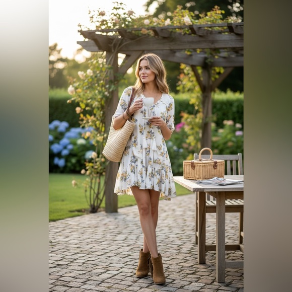 Amana Floral Boho Tiered Mini Babydoll Dress in White/Yellow/Blue Print Size L - Picture 14 of 15